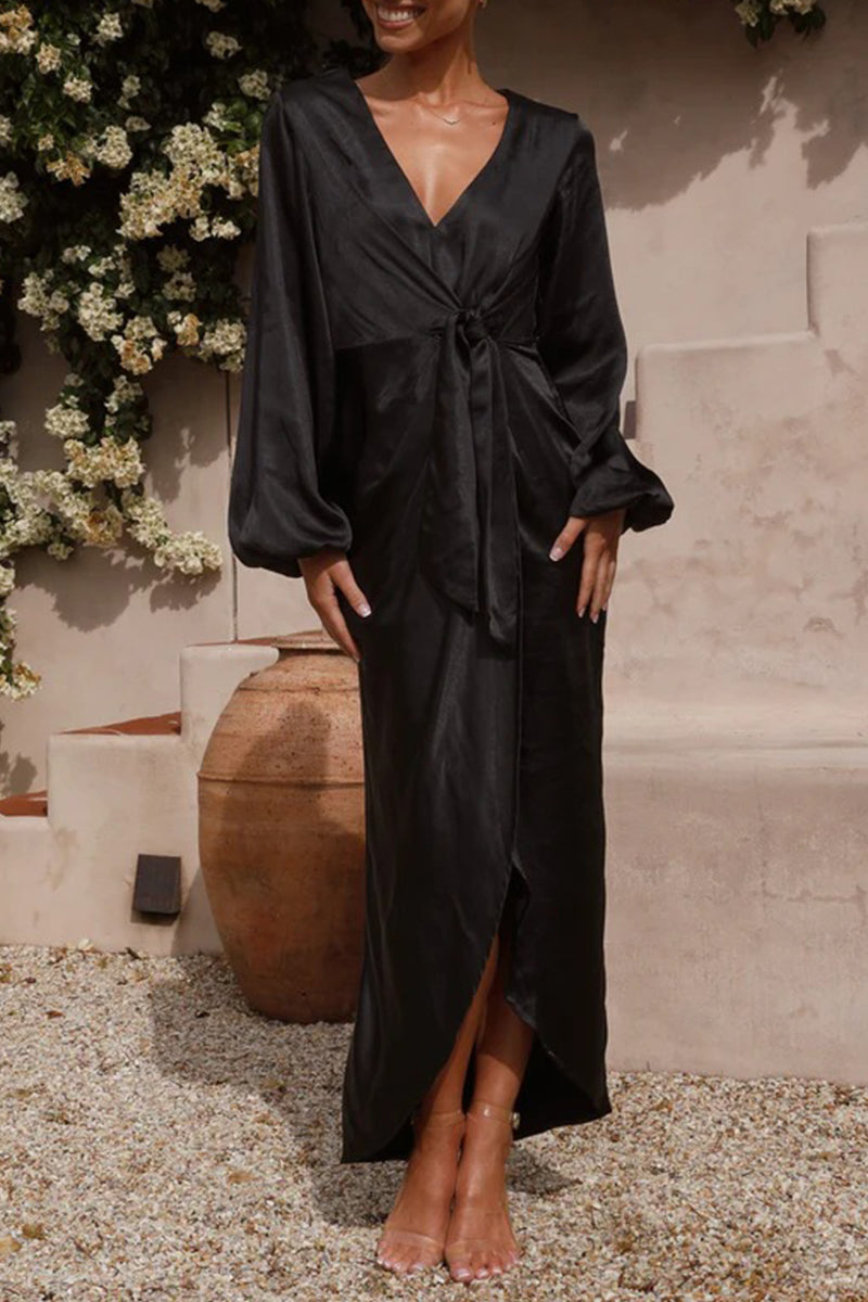 Satin Wrap Deep V-Neck Balloon Sleeve Tie Waist High Split Maxi Dress - View 4