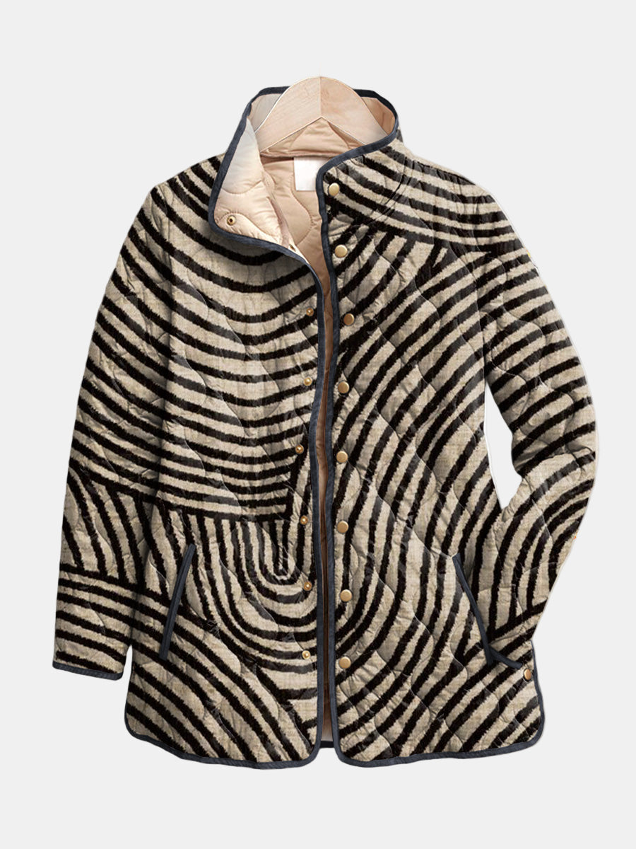 Abstract Line Print Stand Collar Quilted Jacket