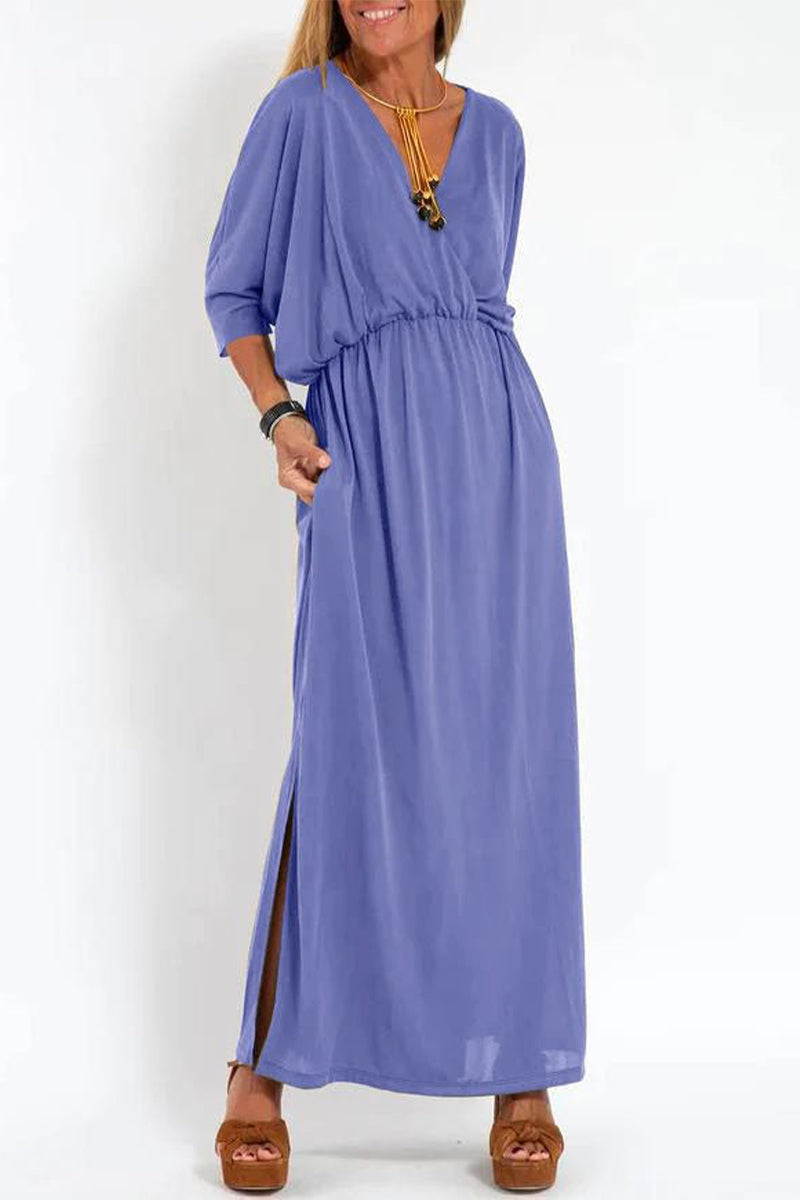 V-Neck 3/4 Sleeve Elastic Waist Pocket High Split Maxi Dress - View 6
