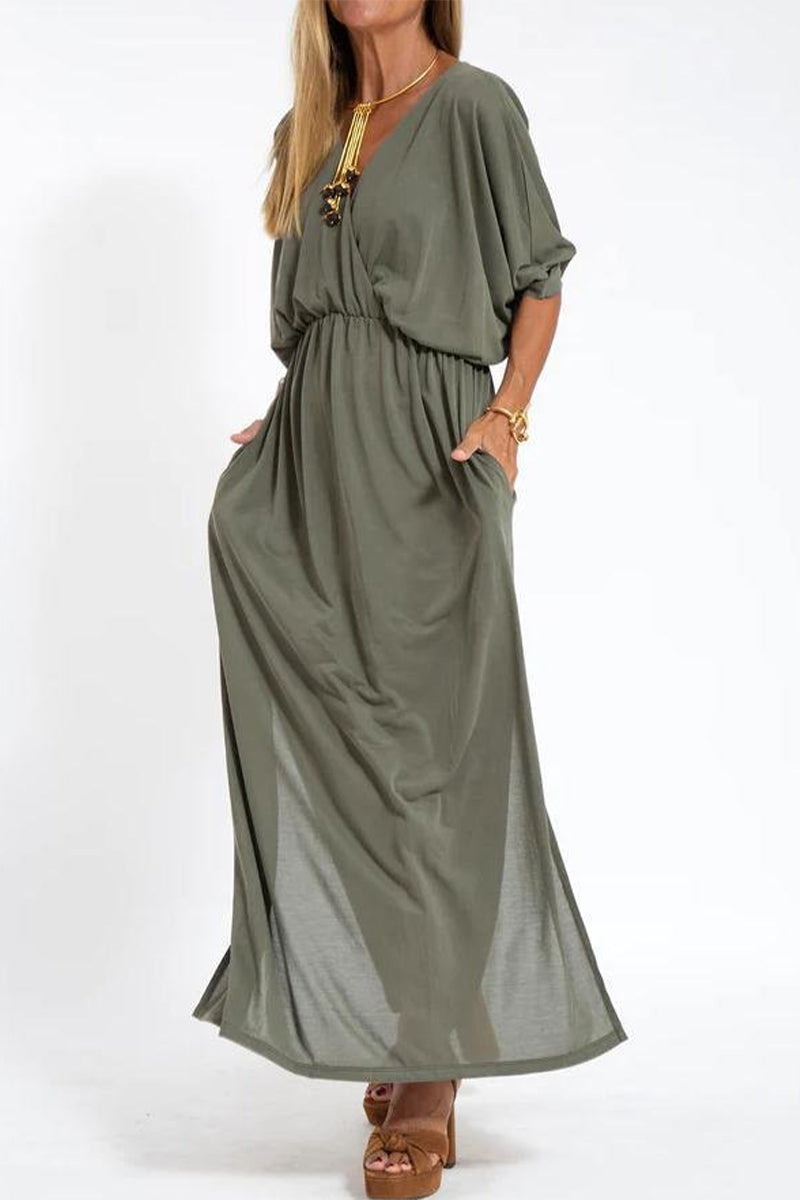 V-Neck 3/4 Sleeve Elastic Waist Pocket High Split Maxi Dress - View 5