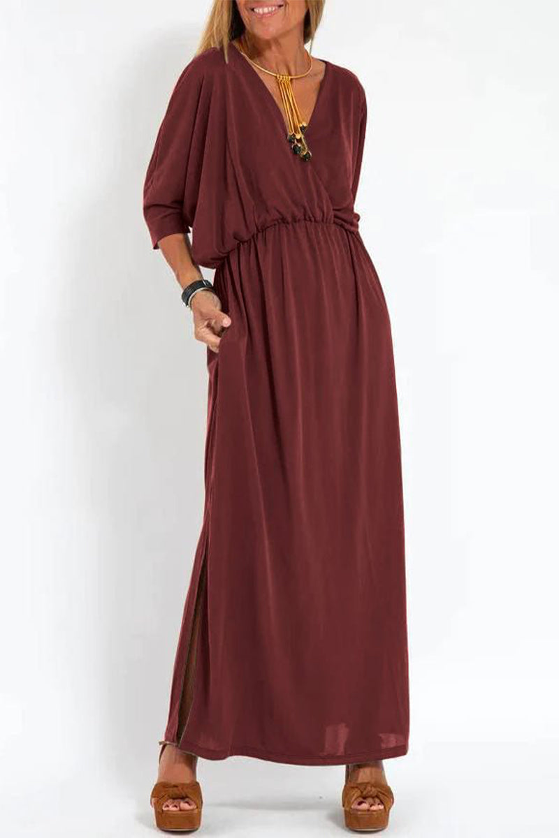 V-Neck 3/4 Sleeve Elastic Waist Pocket High Split Maxi Dress - View 4