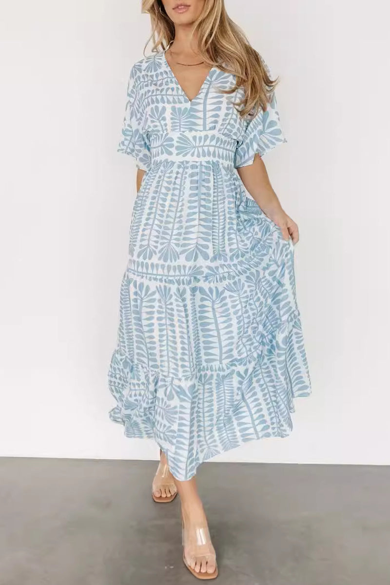 Geometric Print V-Neck Batwing Sleeve Tiered Boho Midi Dress - View 4