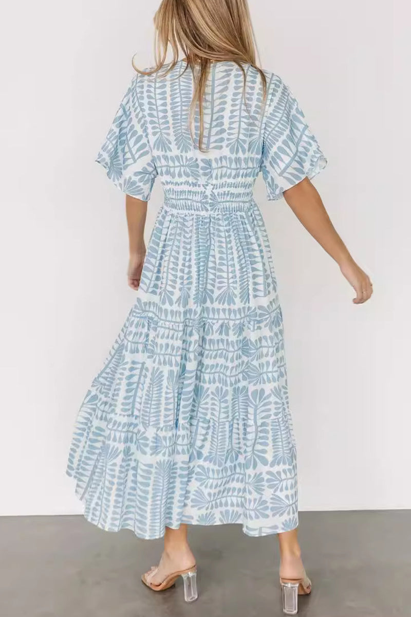 Geometric Print V-Neck Batwing Sleeve Tiered Boho Midi Dress - View 7