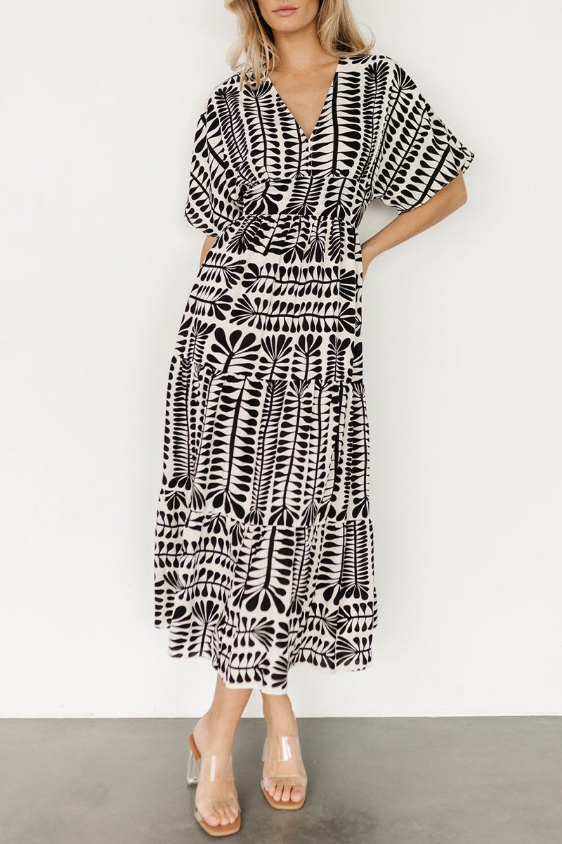 Geometric Print V-Neck Batwing Sleeve Tiered Boho Midi Dress - View 2