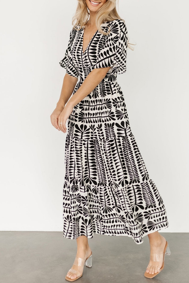 Geometric Print V-Neck Batwing Sleeve Tiered Boho Midi Dress - View 3