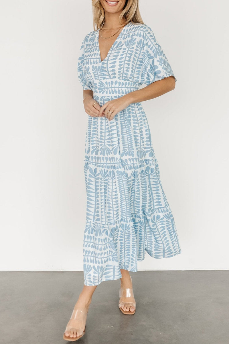 Geometric Print V-Neck Batwing Sleeve Tiered Boho Midi Dress - View 5