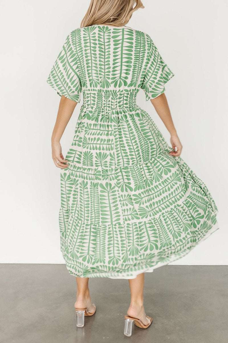 Geometric Print V-Neck Batwing Sleeve Tiered Boho Midi Dress - View 10