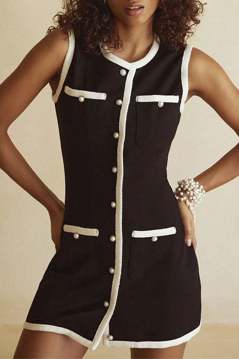 Sleeveless Pearl Button Contrast Trim Pocket Mini Dress - View 6