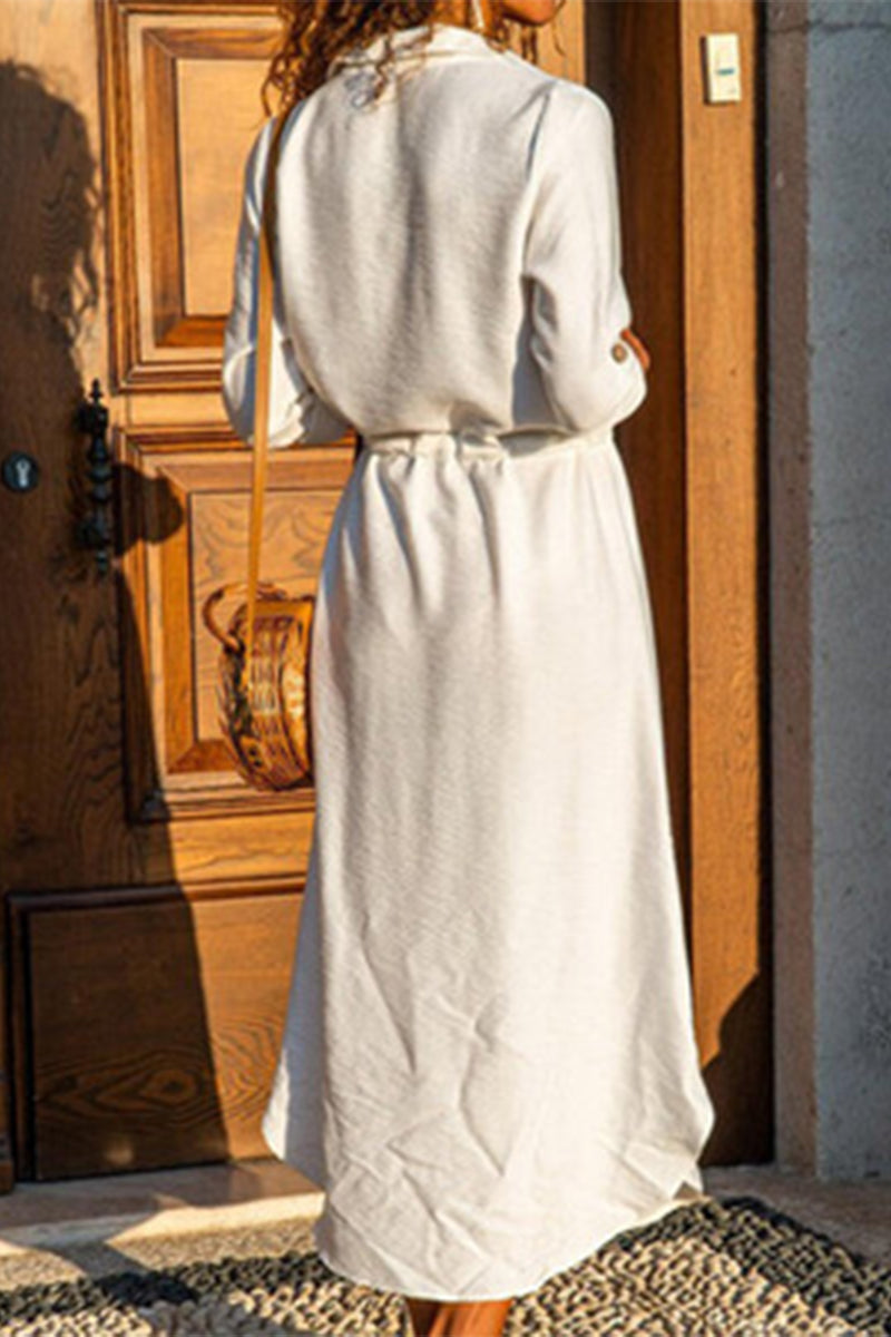 Button Front Collar Drawstring Waist Roll Tab Maxi Shirt Dress - View 2