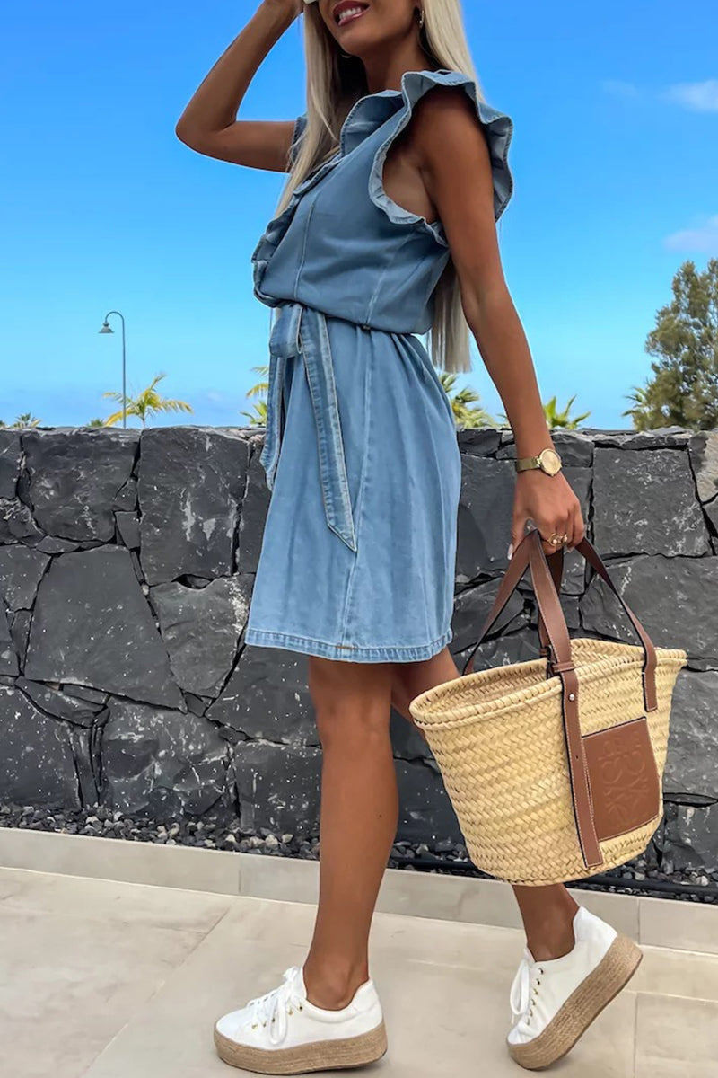 Deep V-Neck Sleeveless Ruffle Flutter Belted Mini Dress - View 5