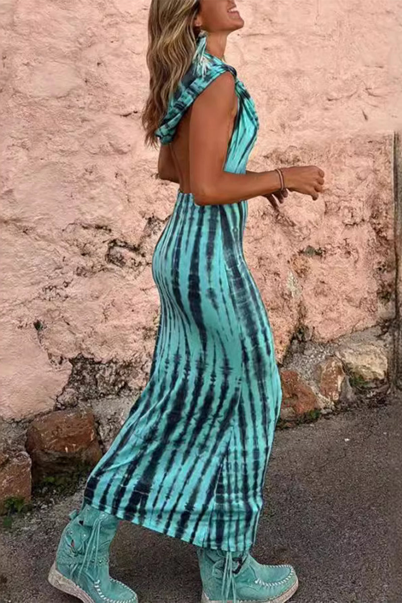 Tie Dye Cowl Neck Halter Backless Bodycon Maxi Dress - View 3
