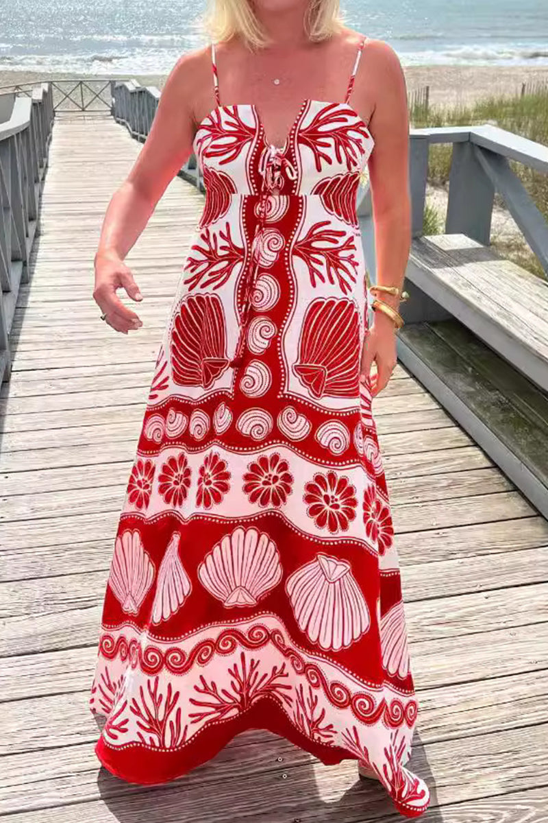 Spaghetti Strap V-Neck Shell Print Tiered Boho Maxi Summer Dress - View 4
