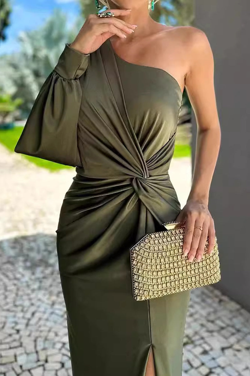 One Shoulder Split Sleeve Twisted Waist Ruched Maxi Gown - View 3