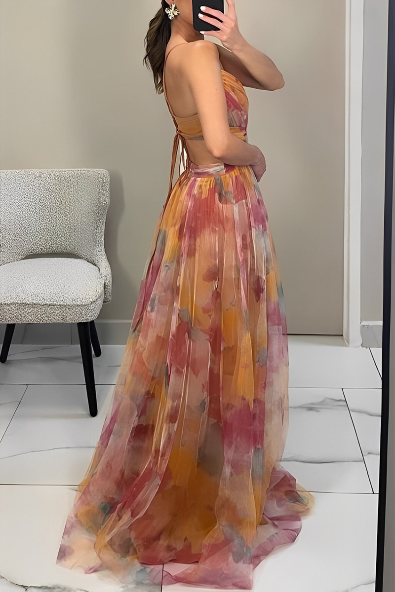 Abstract Watercolor Print Spaghetti Strap Deep V-Neck Maxi Gown - View 3