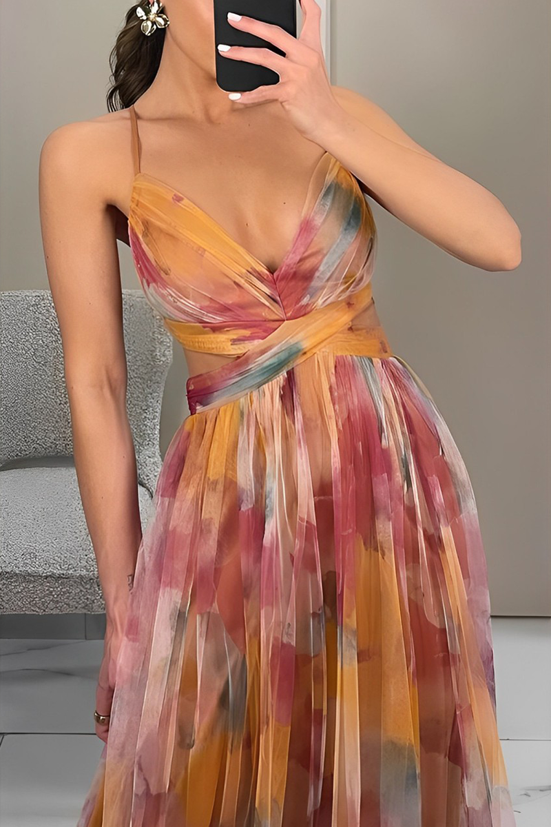Abstract Watercolor Print Spaghetti Strap Deep V-Neck Maxi Gown - View 2