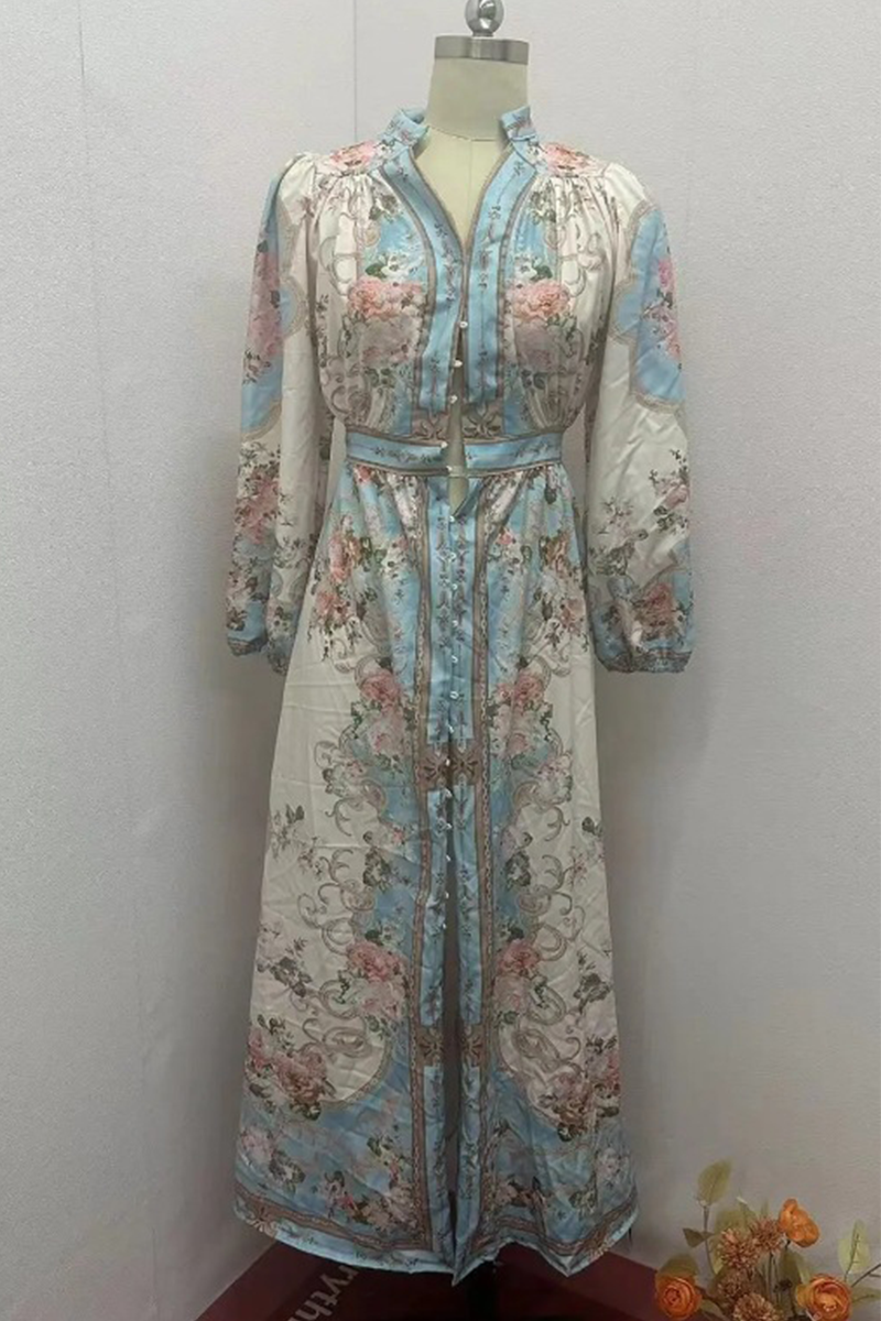 Floral Print V-Neck Long Sleeve Belted A-Line Maxi Dress - View 4