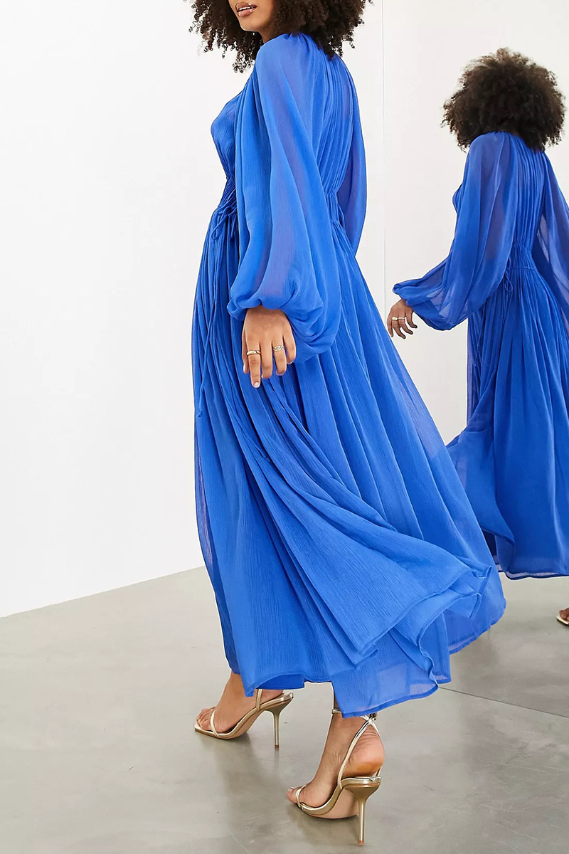 Deep V-Neck Lantern Sleeve Drawstring Waist Pleated Sheer Maxi Dress - View 4