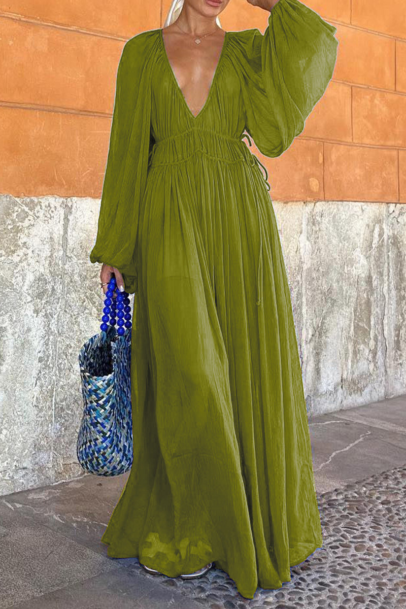 Deep V-Neck Lantern Sleeve Drawstring Waist Pleated Sheer Maxi Dress - View 3