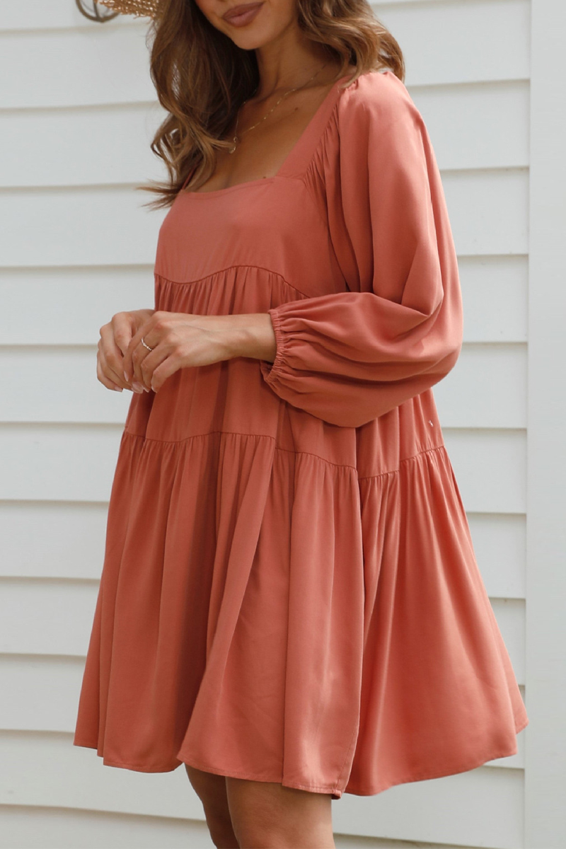 Square Neck Puff Sleeve Tiered Babydoll Swing Mini Dress 3