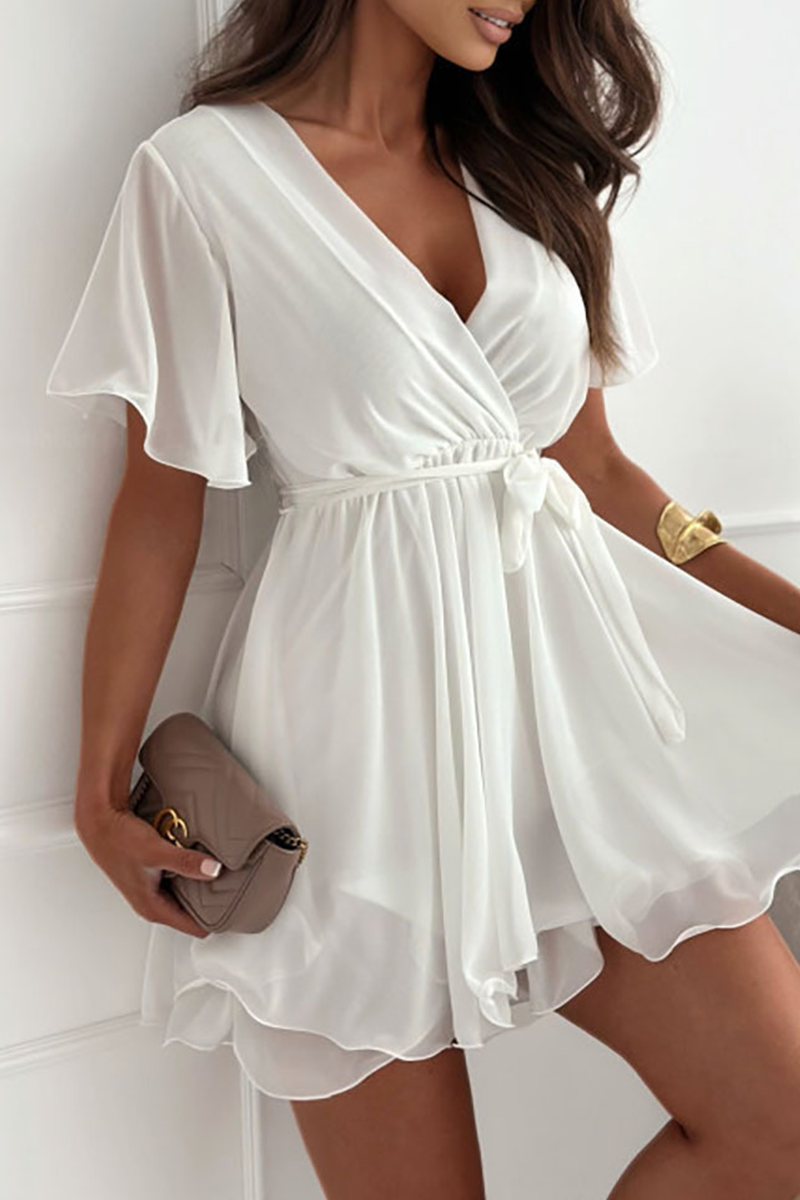 Chiffon Wrap Front V-Neck Flutter Sleeve Tie Waist Mini Dress - View 4