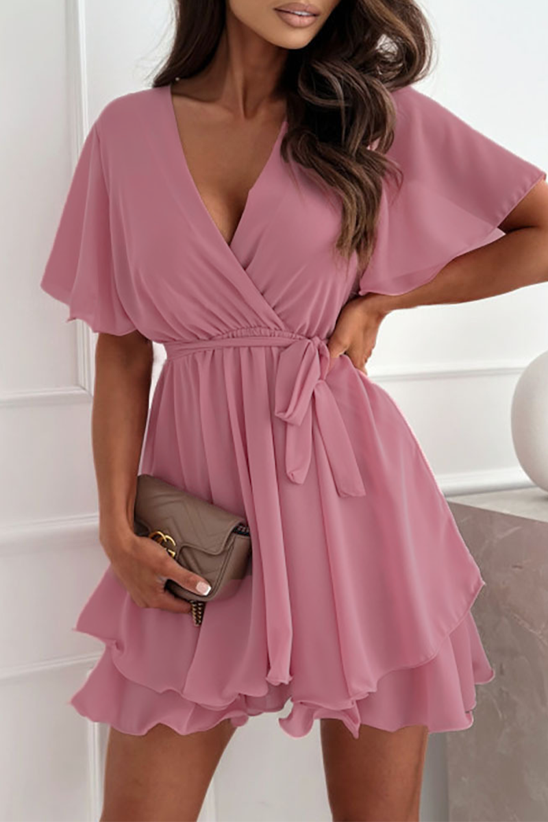 Chiffon V-Neck Wrap Flutter Sleeve Tie Waist Ruffle Mini Dress - View 3