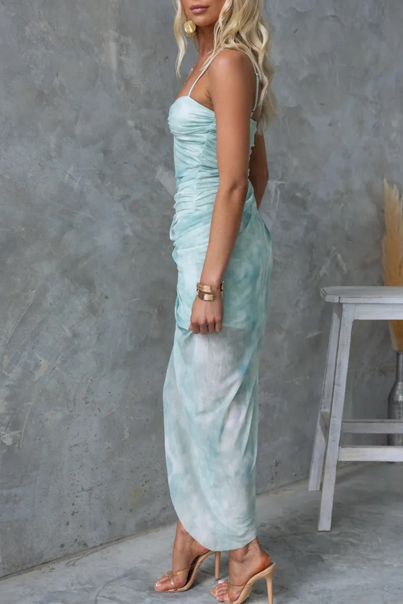 Floral Spaghetti Strap Twist Front Ruched High Split Maxi Dress - View 8
