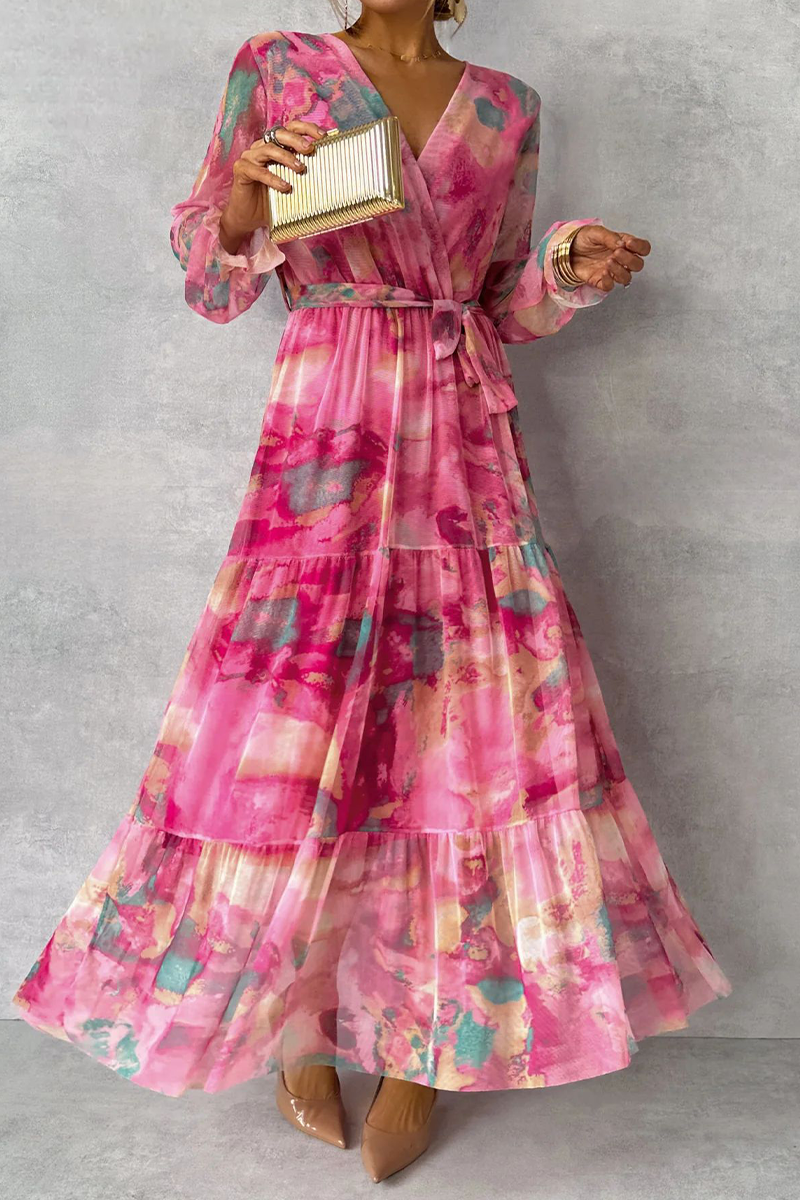 Marble Print Deep V-Neck Ruffle Cuff Tie Waist Tiered Maxi Dress
