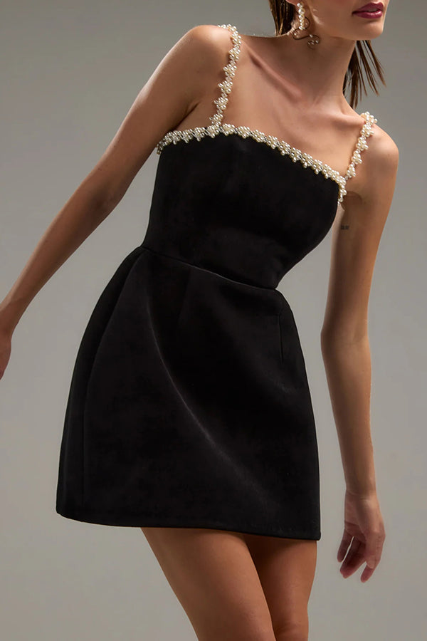 Sweet Poetry Velvet Pearl Trim Straps Pocketed Tulip Style Mini Dress - View 8