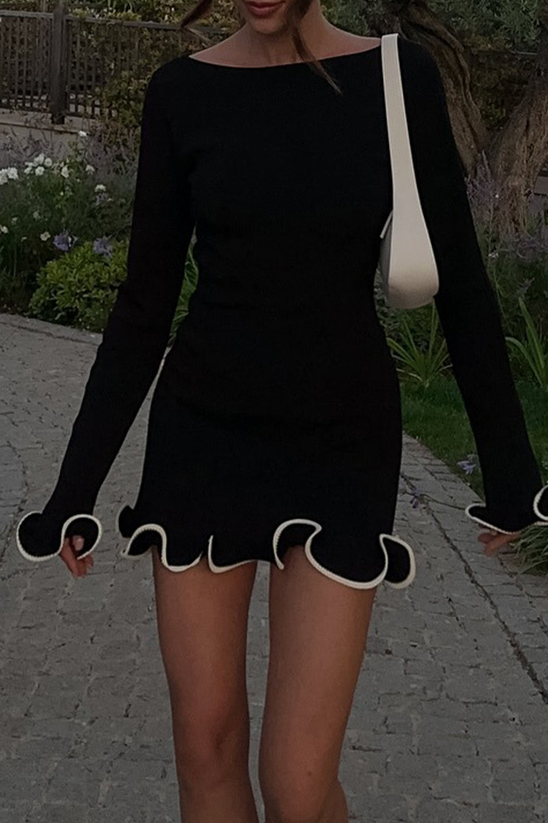 Long Sleeve Round Neck Ruffle Cuff Contrast Trim Bodycon Mini Dress - View 6