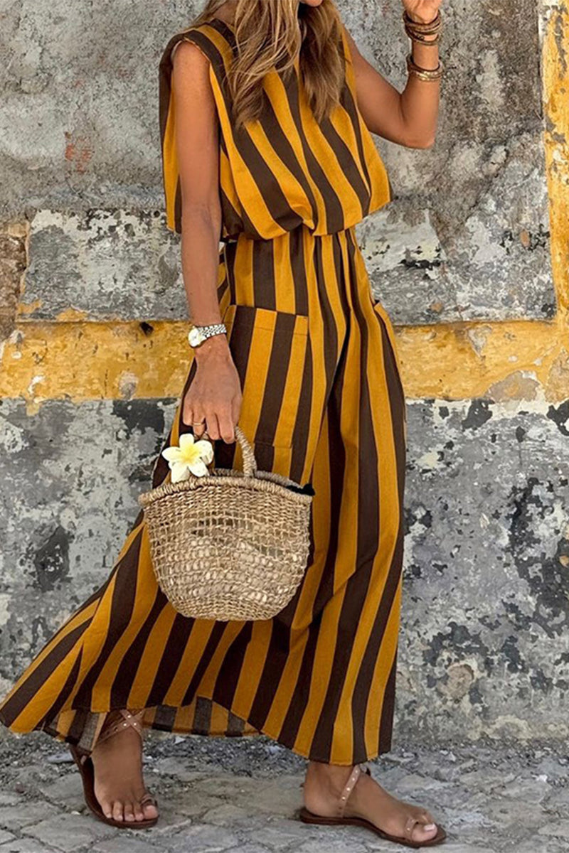 Striped Sleeveless Round Neck Patch Pocket Maxi Dress - View 3