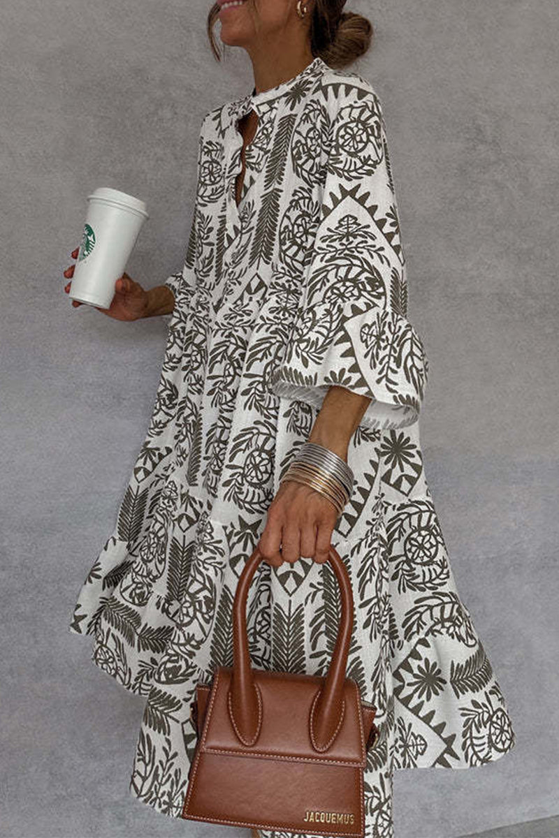 Botanical Print Mandarin Collar Three Quarter Sleeve Mini Dress - View 4