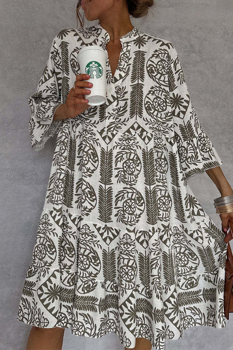 Botanical Print Mandarin Collar Three Quarter Sleeve Mini Dress