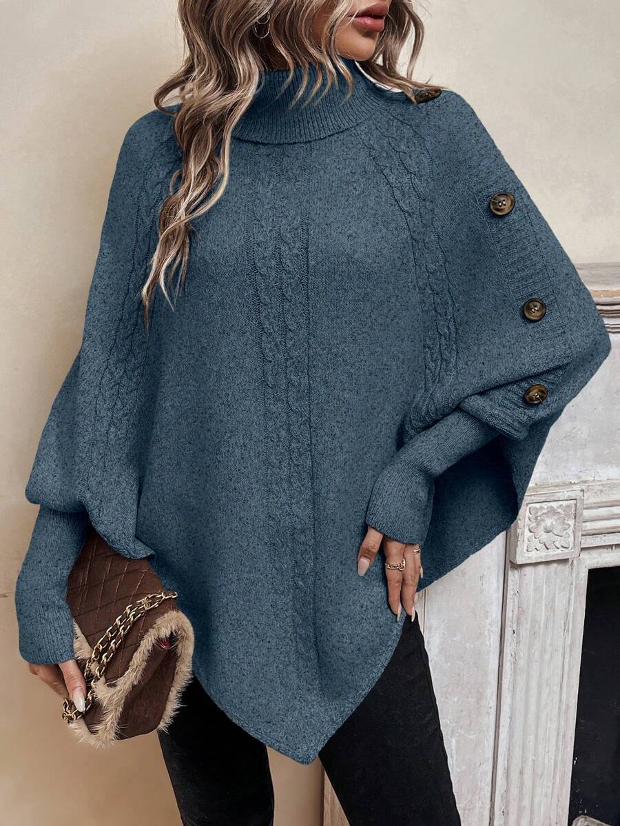 High Neck Cable Knit Button Detail Batwing Poncho Sweater 9