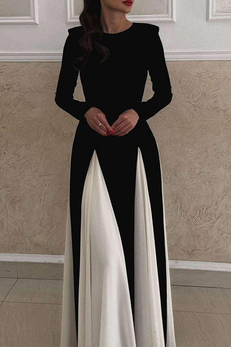 Contrast Godet Panel Long Sleeve Power Shoulder A-Line Maxi Gown - View 2