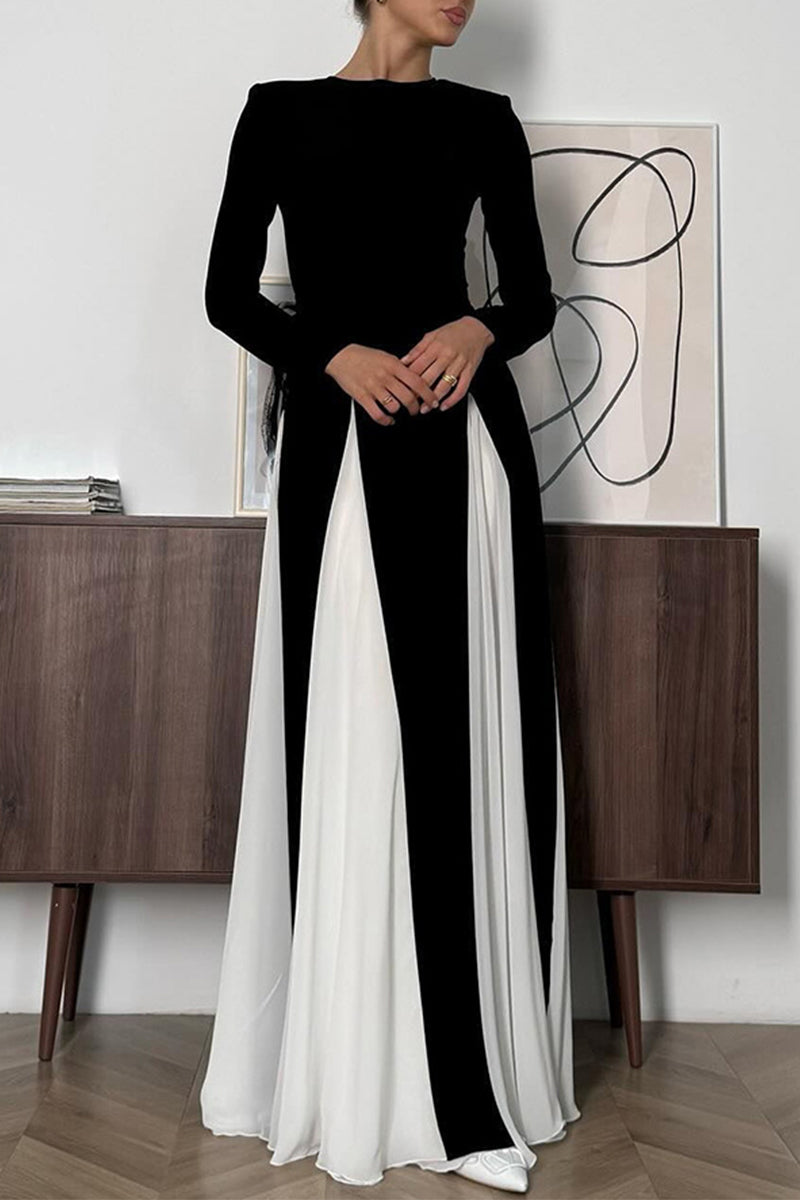 Contrast Godet Panel Long Sleeve Power Shoulder A-Line Maxi Gown - View 3
