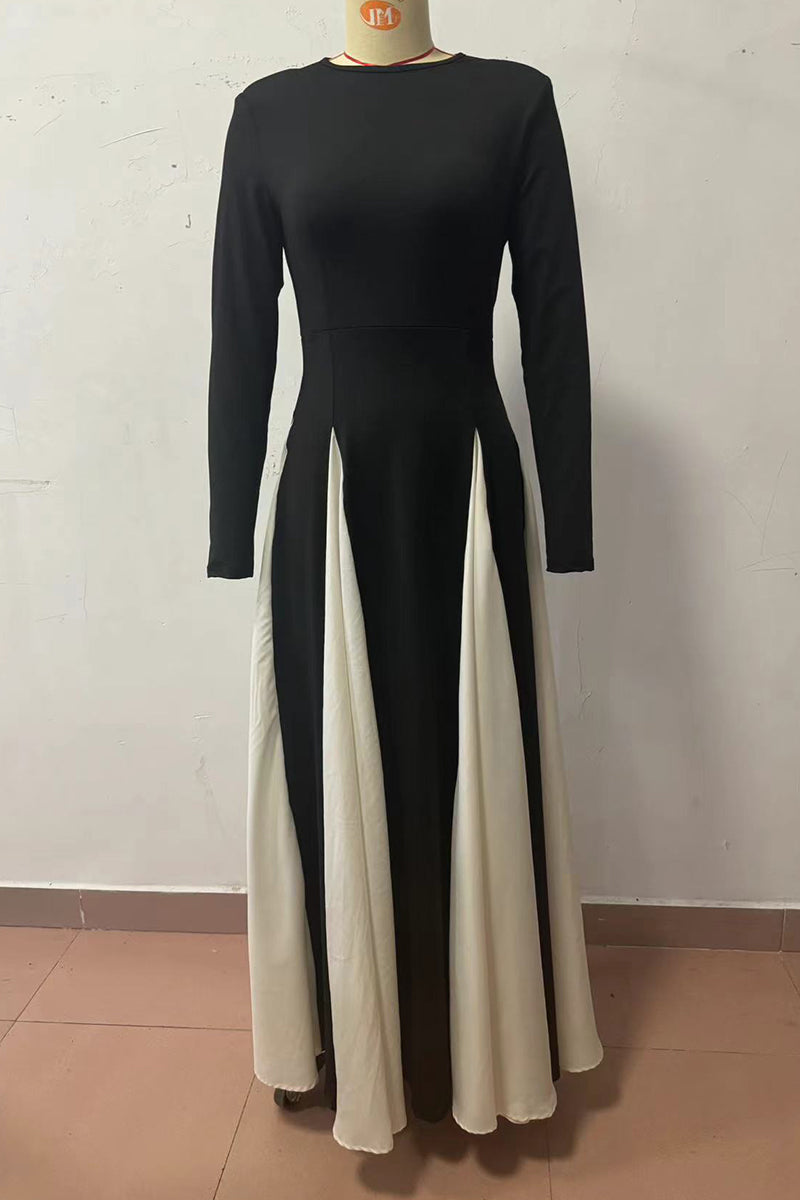 Contrast Godet Panel Long Sleeve Power Shoulder A-Line Maxi Gown - View 5