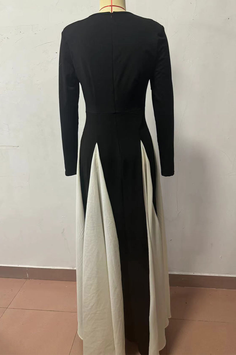 Contrast Godet Panel Long Sleeve Power Shoulder A-Line Maxi Gown - View 6