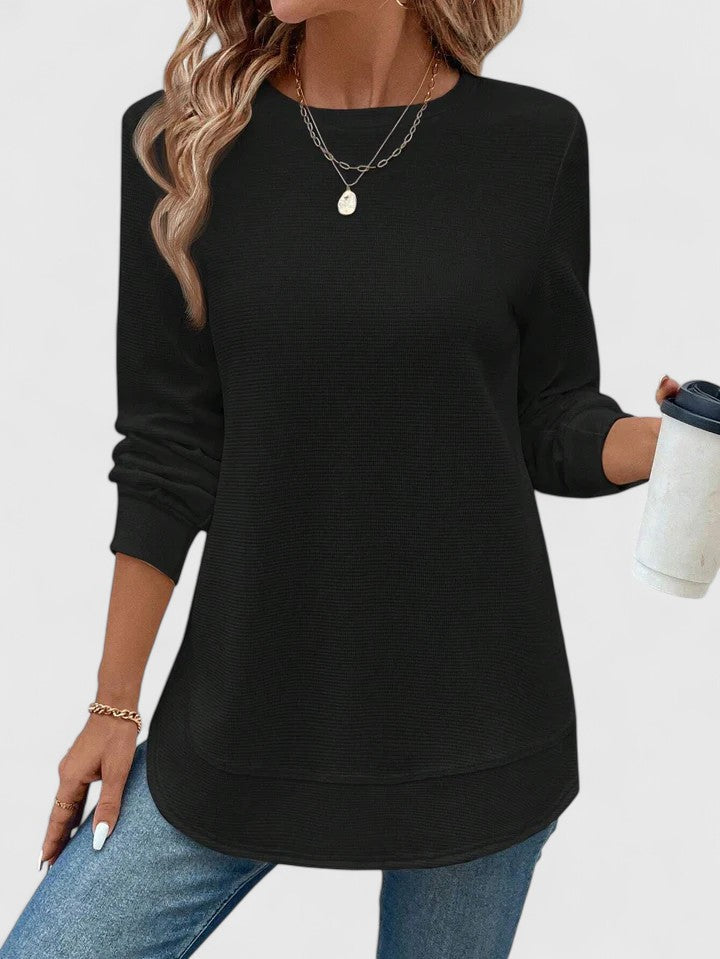 Crew Neck Long Sleeve Waffle Knit Curved Hem Top 7