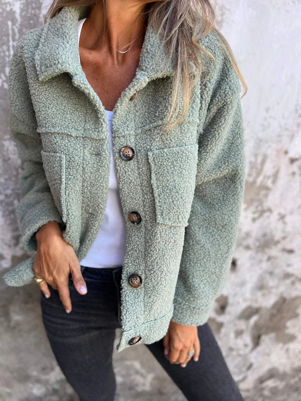 Button Front Collared Teddy Fleece Jacket
