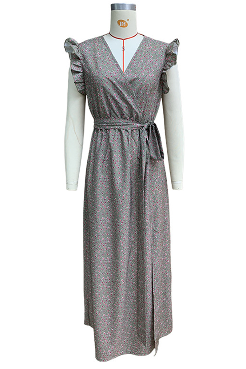 Floral Print Deep V-Neck Ruffle Shoulder Tie Belt Pocket Maxi Dress - View 4