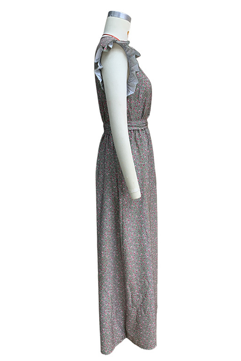 Floral Print Deep V-Neck Ruffle Shoulder Tie Belt Pocket Maxi Dress - View 5