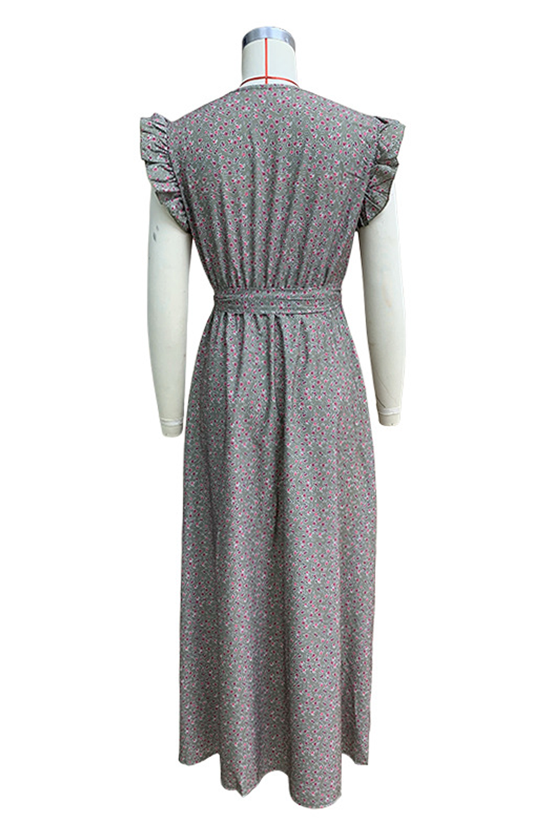Floral Print Deep V-Neck Ruffle Shoulder Tie Belt Pocket Maxi Dress - View 6
