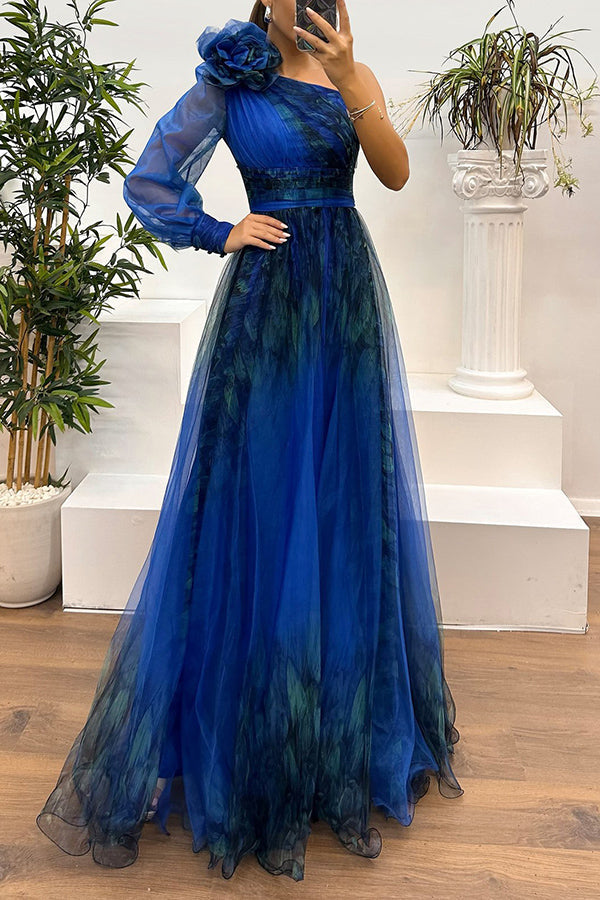 Tulle Off Shoulder Asymmetrical One Sleeve Maxi Dress - View 8