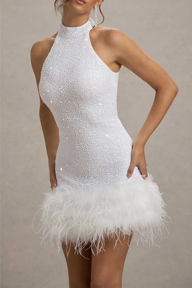 Sequin Halter Neck Feather Trim Bodycon Mini Dress - View 3