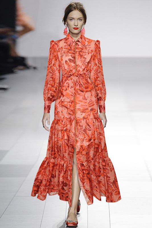 Floral Balloon Sleeve Collar Button Front Tie Waist Tiered Maxi Shirt Dress - View 4