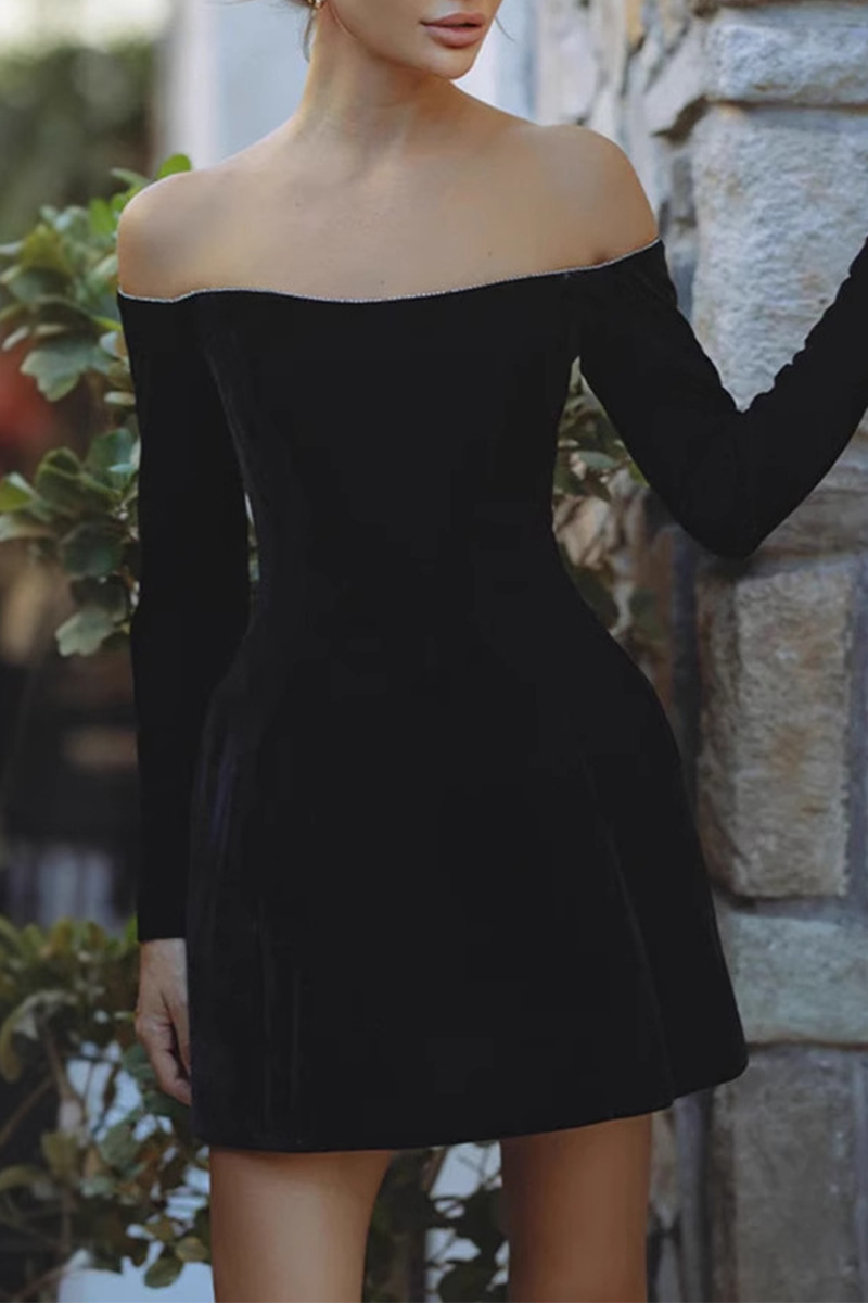 Velvet Off Shoulder Rhinestone Trim Long Sleeve Cocktail Mini Dress - View 3