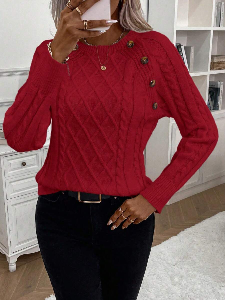 Crew Neck Button Detail Cable Knit Sweater 25