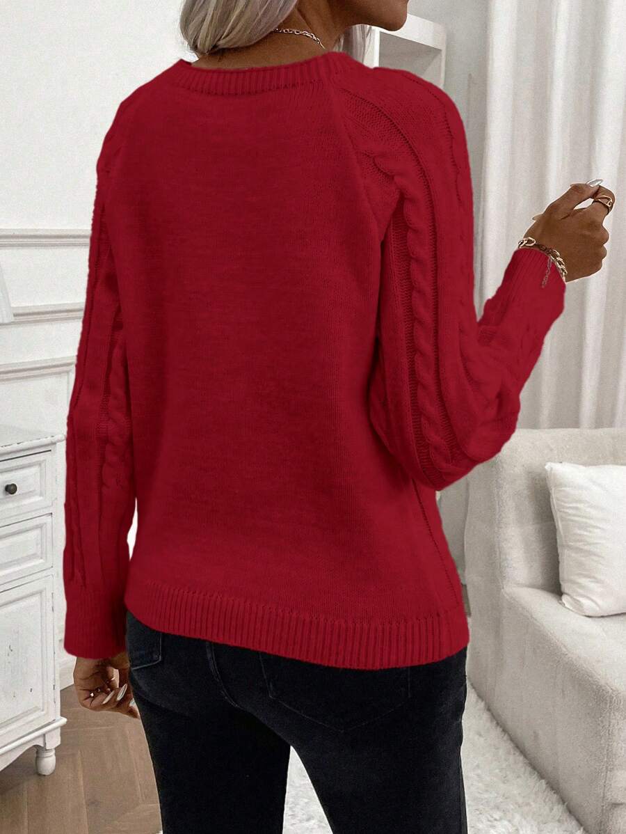 Crew Neck Button Detail Cable Knit Sweater 15