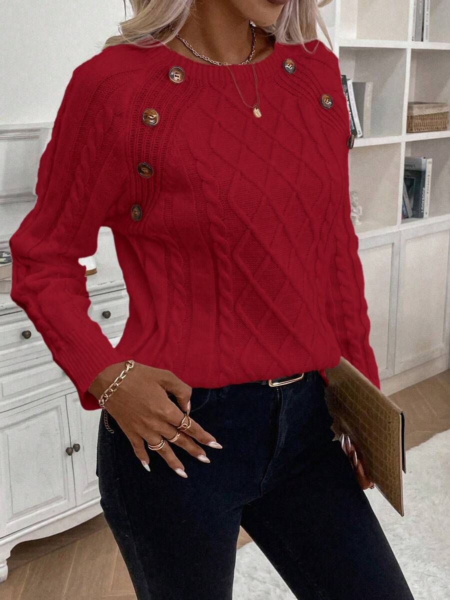 Crew Neck Button Detail Cable Knit Sweater 16