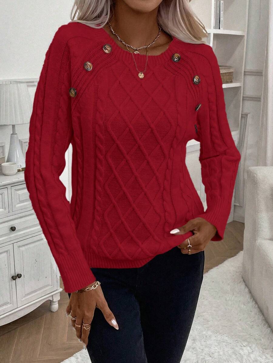 Crew Neck Button Detail Cable Knit Sweater 5